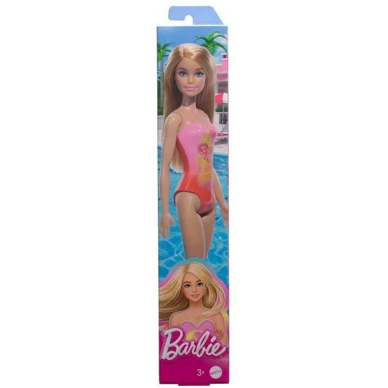 Picture of Mattel Barbie: Beach - Blond Hair Doll Wearing Pink Palm Tree-Print Swimsuit (HPV19)