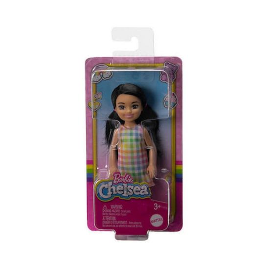 Picture of Mattel Barbie Club Chelsea Mini Girl Doll - Small Doll with Black Hair in Pigtails Wearing Removable Plaid Dress Pink Shoes (HKD91)