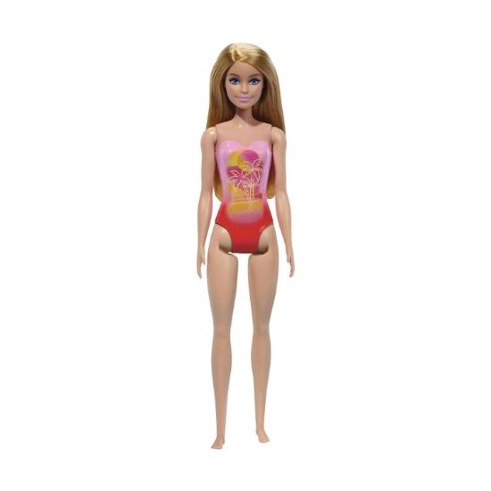 Picture of Mattel Barbie: Beach - Blond Hair Doll Wearing Pink Palm Tree-Print Swimsuit (HXX48)