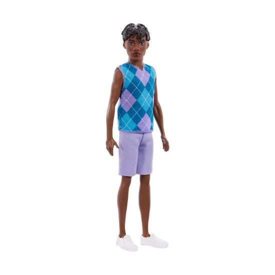 Picture of Mattel Barbie: Style - Ken Fashionistas Doll with Dark Skin, Lavendar Shorts with Turquoise & Lavender Argyle Shirt #253 (JJN67)