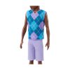 Picture of Mattel Barbie: Style - Ken Fashionistas Doll with Dark Skin, Lavendar Shorts with Turquoise & Lavender Argyle Shirt #253 (JJN67)